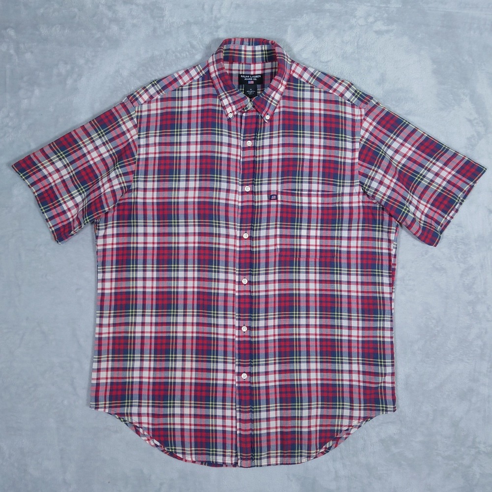 Vtg Ralph Lauren Jean Co. Madras Plaid Button Down Shirt Mens M Red Short Sleeve